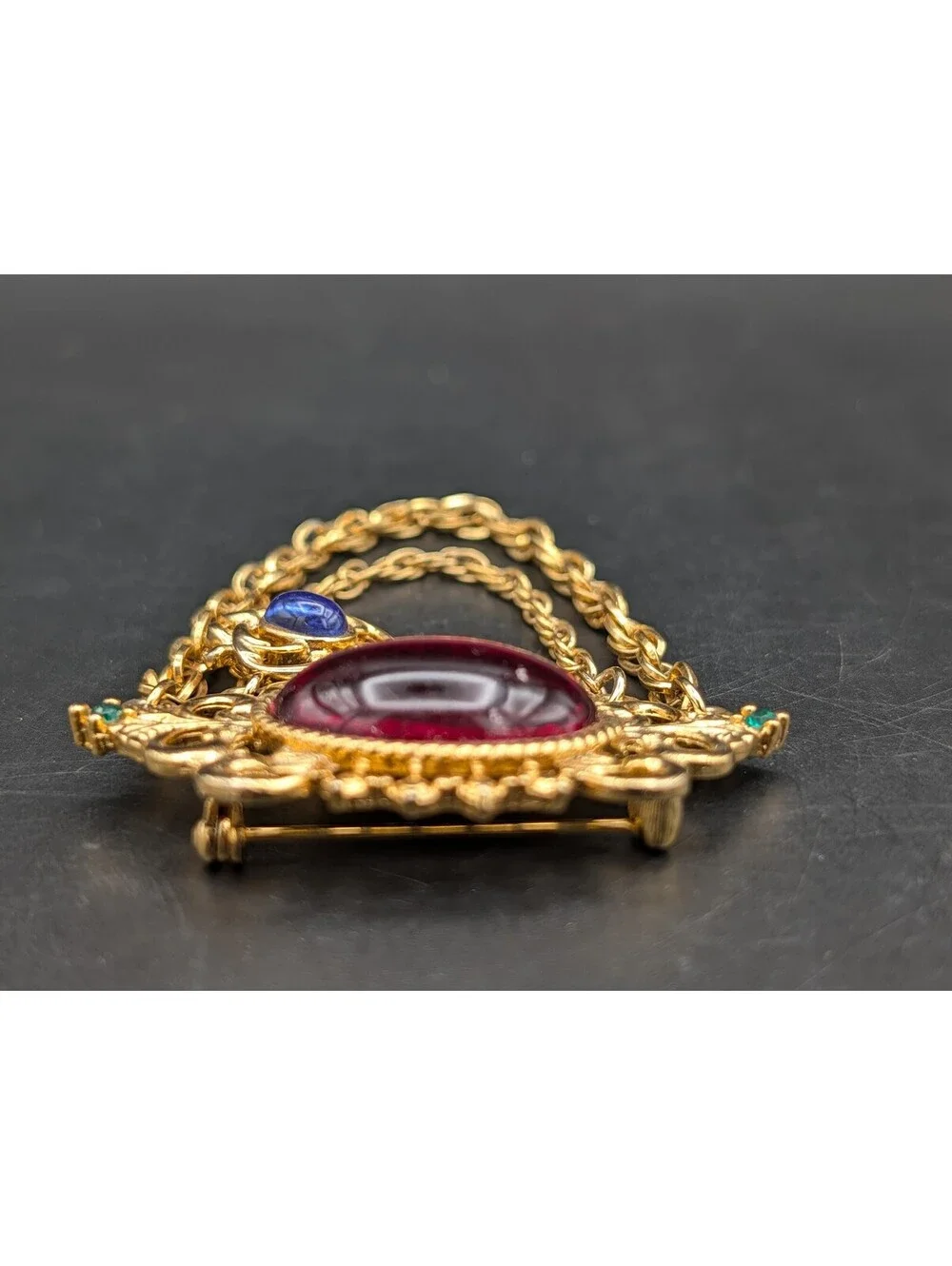 Vintage 1980s Regal Brooch Ruby Red Blue Glass Cabochon Draped Chain Pin